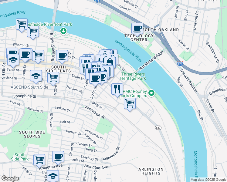 map of restaurants, bars, coffee shops, grocery stores, and more near 2840 Carey Way in Pittsburgh