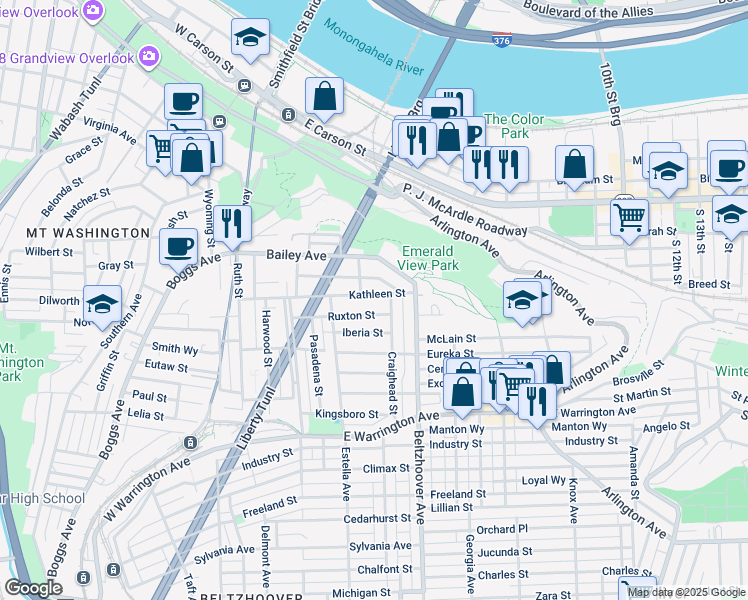 map of restaurants, bars, coffee shops, grocery stores, and more near 435 Ruxton Street in Pittsburgh