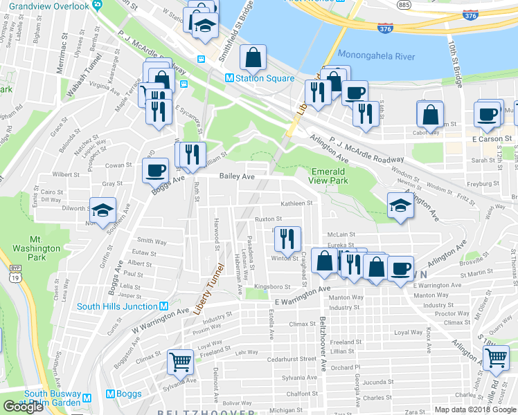 map of restaurants, bars, coffee shops, grocery stores, and more near 401 Ruxton Street in Pittsburgh