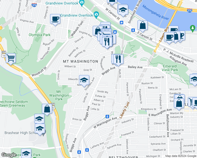 map of restaurants, bars, coffee shops, grocery stores, and more near 327 Boggs Avenue in Pittsburgh