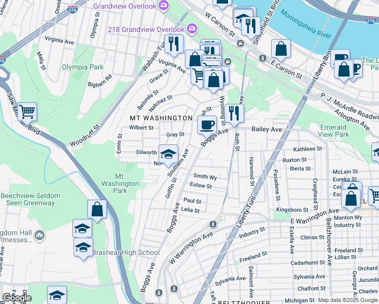 map of restaurants, bars, coffee shops, grocery stores, and more near 327 Boggs Avenue in Pittsburgh