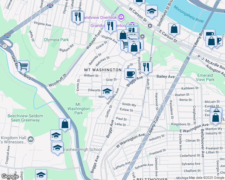 map of restaurants, bars, coffee shops, grocery stores, and more near 166 Southern Avenue in Pittsburgh