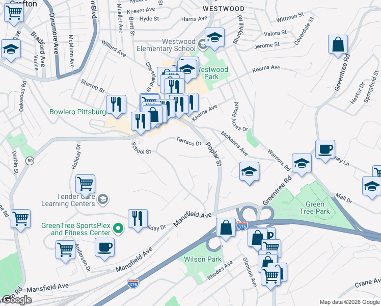 map of restaurants, bars, coffee shops, grocery stores, and more near 19 Clearview Drive in Pittsburgh