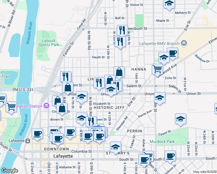 map of restaurants, bars, coffee shops, grocery stores, and more near 800 North 12th Street in Lafayette