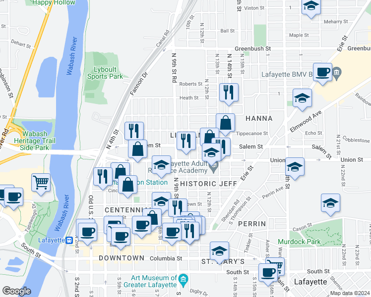 map of restaurants, bars, coffee shops, grocery stores, and more near 814 North 10th Street in Lafayette