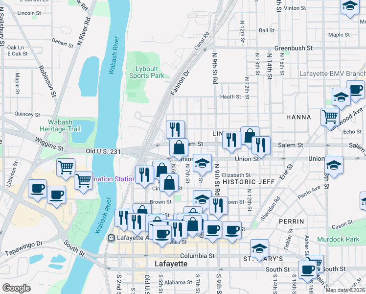 map of restaurants, bars, coffee shops, grocery stores, and more near 809 North 6th Street in Lafayette