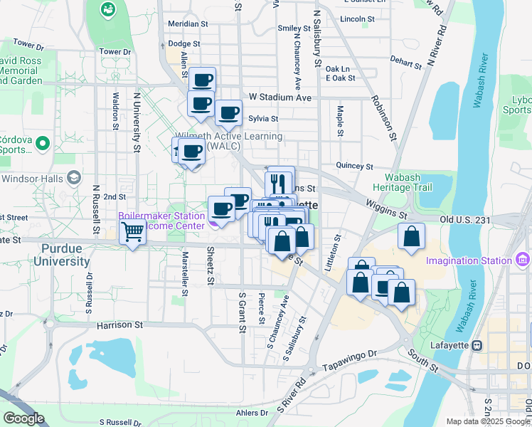 map of restaurants, bars, coffee shops, grocery stores, and more near 209 Northwestern Avenue in West Lafayette