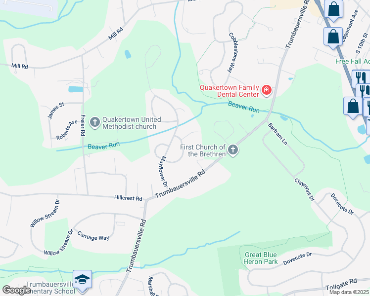 map of restaurants, bars, coffee shops, grocery stores, and more near 1242 Colonial Drive in Quakertown