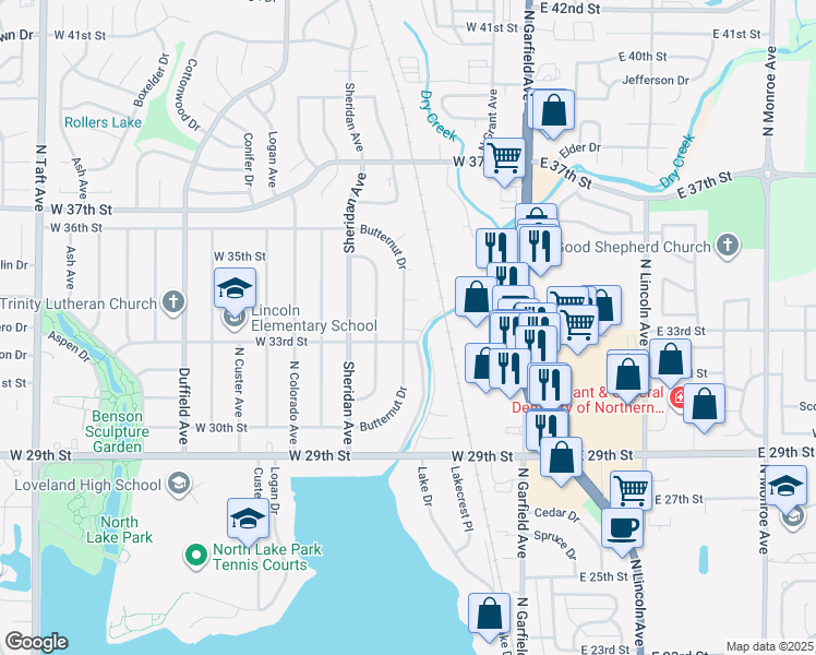 map of restaurants, bars, coffee shops, grocery stores, and more near 3219 Butternut Drive in Loveland