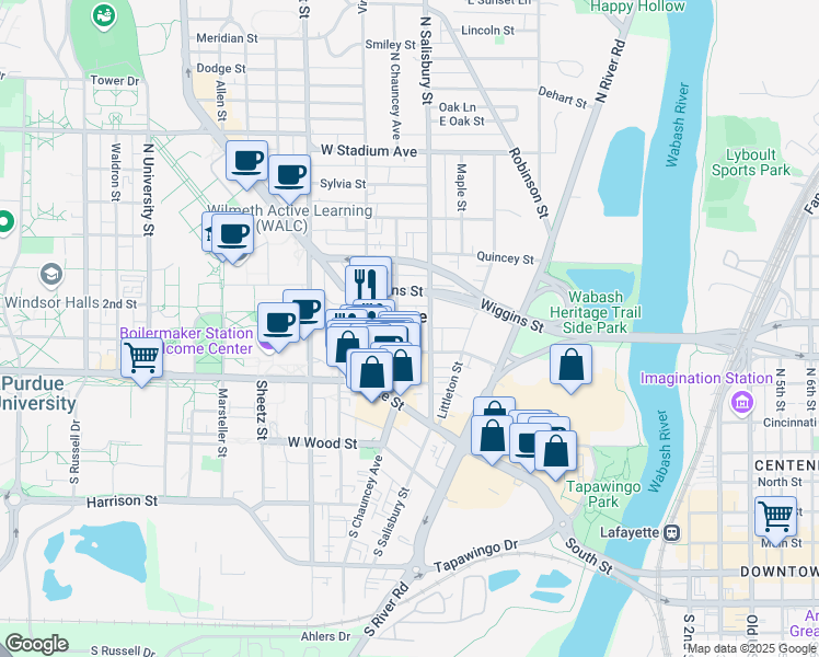 map of restaurants, bars, coffee shops, grocery stores, and more near 222 North Chauncey Avenue in West Lafayette