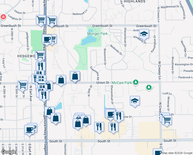 map of restaurants, bars, coffee shops, grocery stores, and more near 3550 Union Street in Lafayette