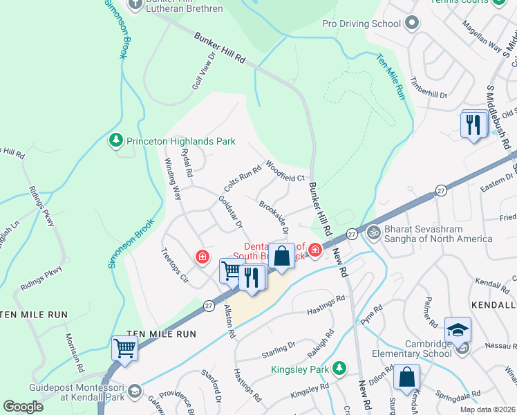 map of restaurants, bars, coffee shops, grocery stores, and more near 17 Brookside Drive in Princeton