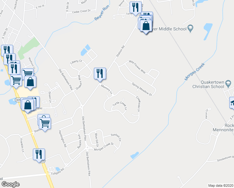 map of restaurants, bars, coffee shops, grocery stores, and more near 1339 Creekside Lane in Quakertown