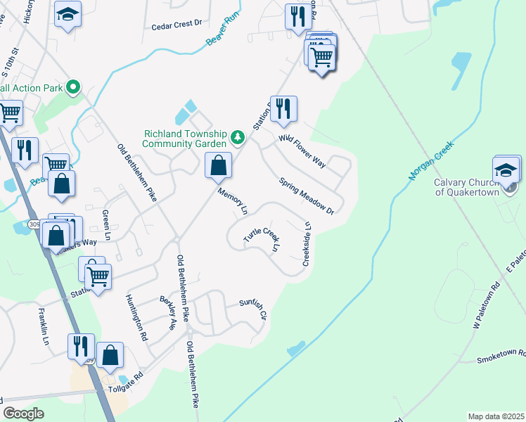 map of restaurants, bars, coffee shops, grocery stores, and more near 1339 Creekside Lane in Quakertown