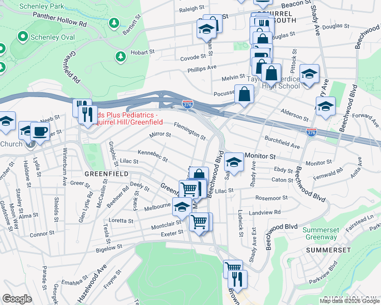map of restaurants, bars, coffee shops, grocery stores, and more near 4103 Windsor Street in Pittsburgh