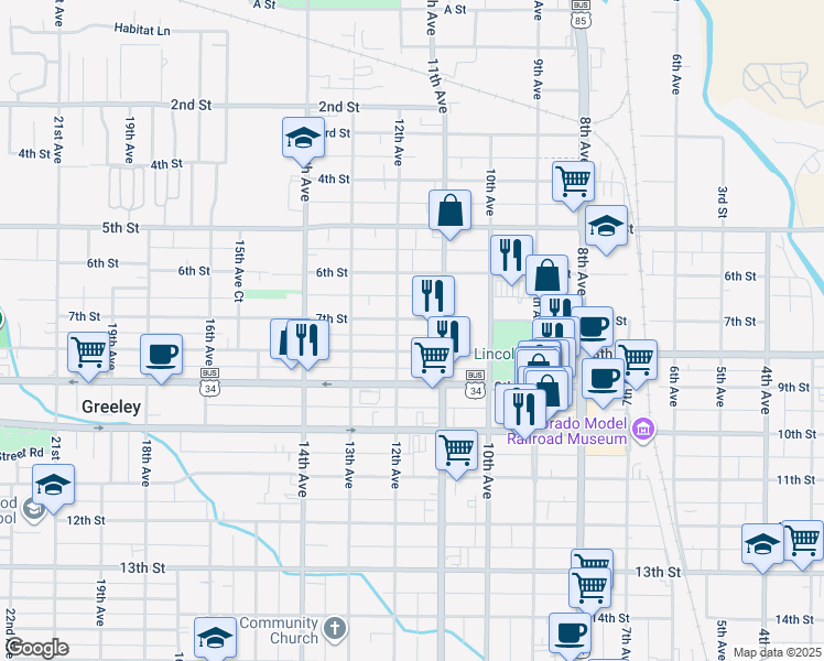 map of restaurants, bars, coffee shops, grocery stores, and more near 1124 7th Street in Greeley