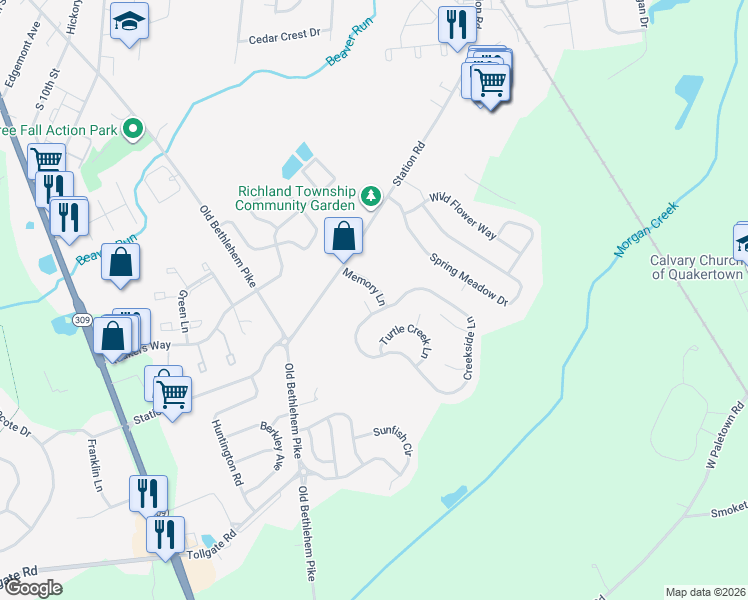map of restaurants, bars, coffee shops, grocery stores, and more near 1401 Cameo Court in Quakertown