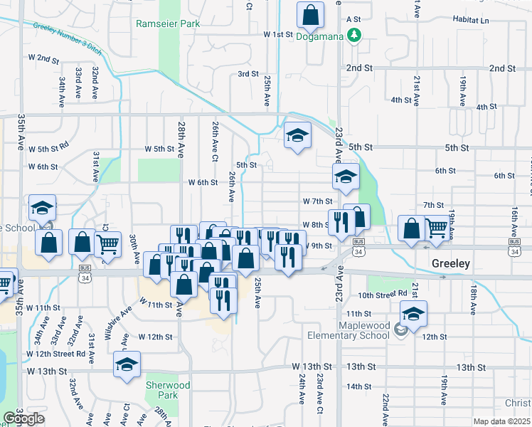 map of restaurants, bars, coffee shops, grocery stores, and more near 710 25th Avenue in Greeley