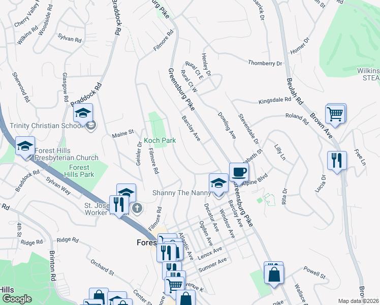 map of restaurants, bars, coffee shops, grocery stores, and more near 201 Forest Ridge Drive in Pittsburgh