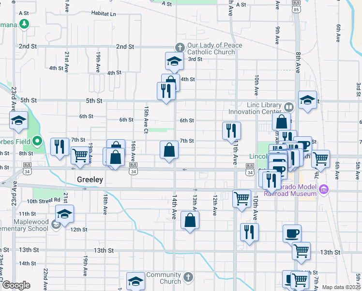 map of restaurants, bars, coffee shops, grocery stores, and more near 716 14th Avenue in Greeley