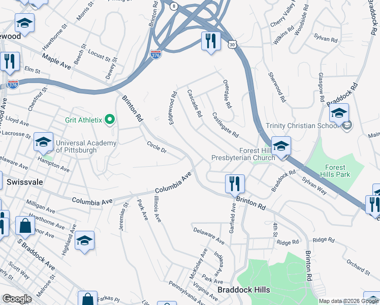 map of restaurants, bars, coffee shops, grocery stores, and more near 1104 Brinton Road in Pittsburgh