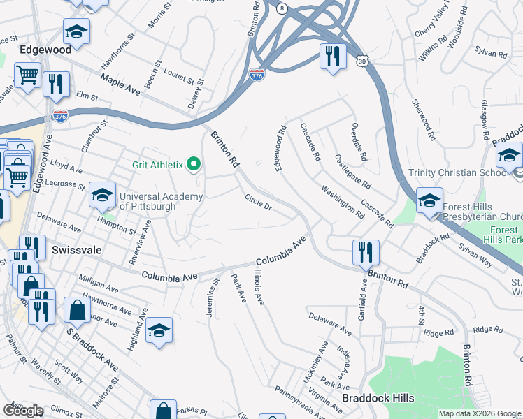 map of restaurants, bars, coffee shops, grocery stores, and more near 2825 McKelvey Road in Pittsburgh