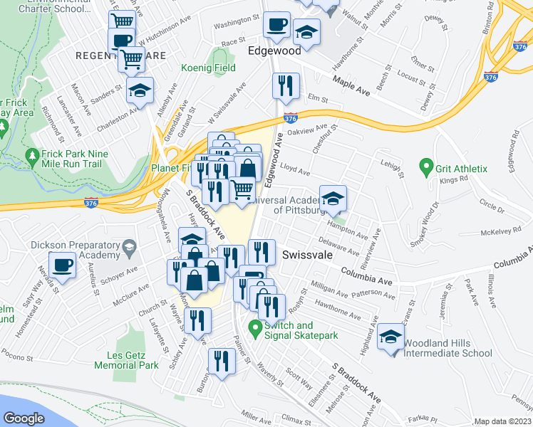 map of restaurants, bars, coffee shops, grocery stores, and more near 7810 Edgewood Avenue in Pittsburgh
