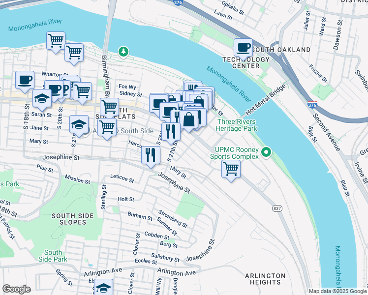 map of restaurants, bars, coffee shops, grocery stores, and more near 2814 Larkins Way in Pittsburgh