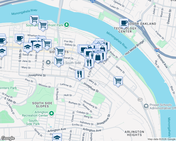 map of restaurants, bars, coffee shops, grocery stores, and more near 63 South 27th Street in Pittsburgh