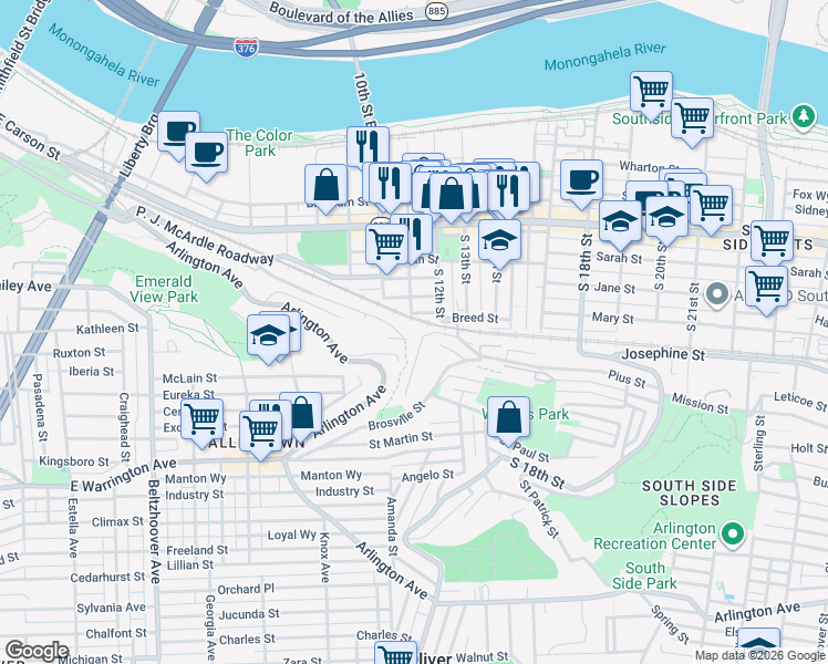 map of restaurants, bars, coffee shops, grocery stores, and more near 26 Welsh Way in Pittsburgh