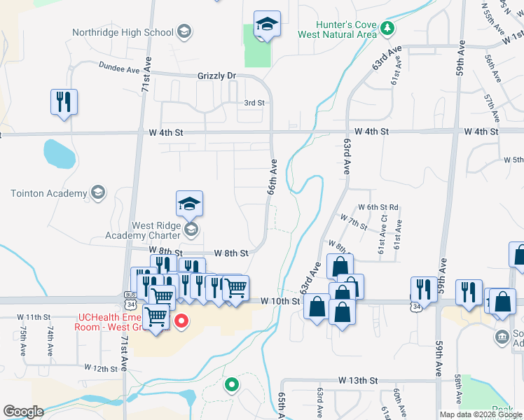 map of restaurants, bars, coffee shops, grocery stores, and more near 712 71st Avenue in Greeley