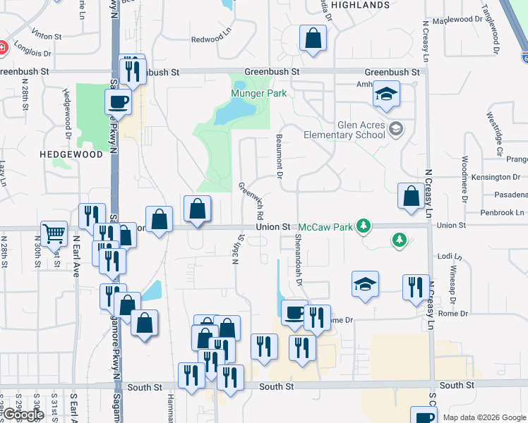 map of restaurants, bars, coffee shops, grocery stores, and more near 3602 Union Street in Lafayette