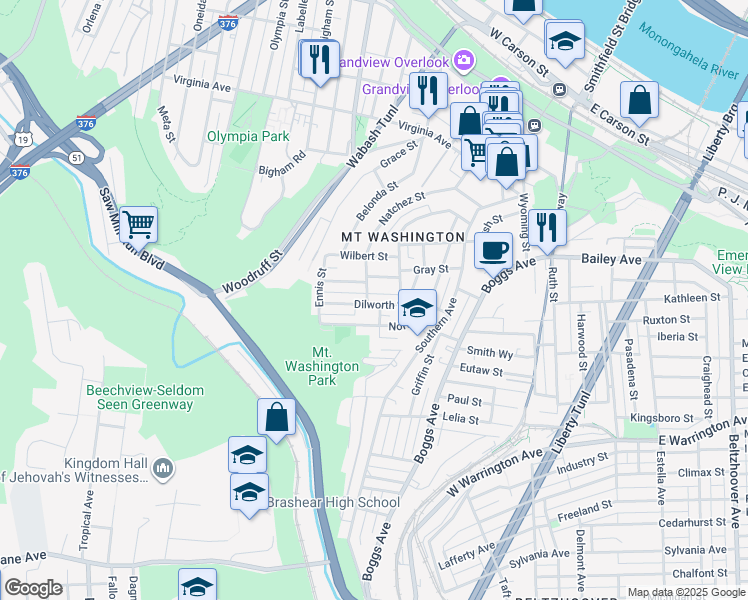 map of restaurants, bars, coffee shops, grocery stores, and more near 130 Dilworth Street in Pittsburgh