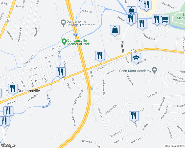 map of restaurants, bars, coffee shops, grocery stores, and more near 627 2nd Avenue in Duncansville
