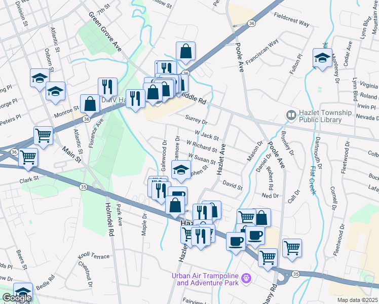 map of restaurants, bars, coffee shops, grocery stores, and more near 20 West Susan Street in Hazlet