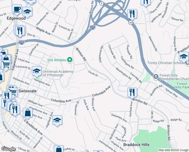 map of restaurants, bars, coffee shops, grocery stores, and more near 2825 McKelvey Road in Pittsburgh