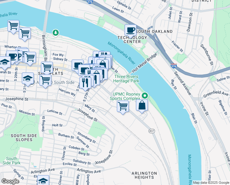 map of restaurants, bars, coffee shops, grocery stores, and more near 5 Hot Metal Street in Pittsburgh