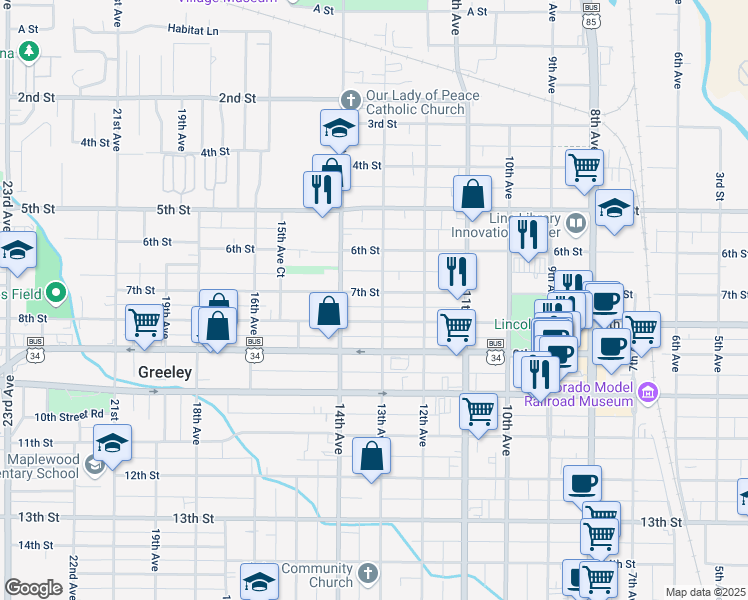 map of restaurants, bars, coffee shops, grocery stores, and more near 705 13th Avenue in Greeley