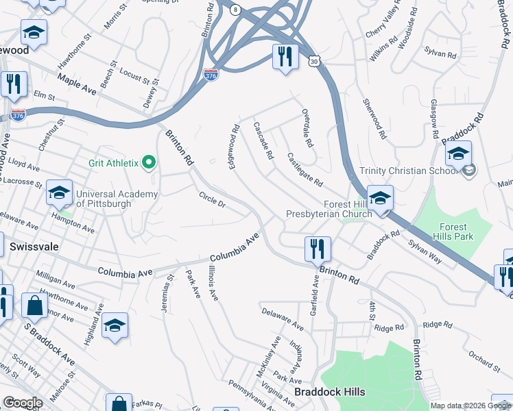 map of restaurants, bars, coffee shops, grocery stores, and more near 1104 Brinton Road in Pittsburgh
