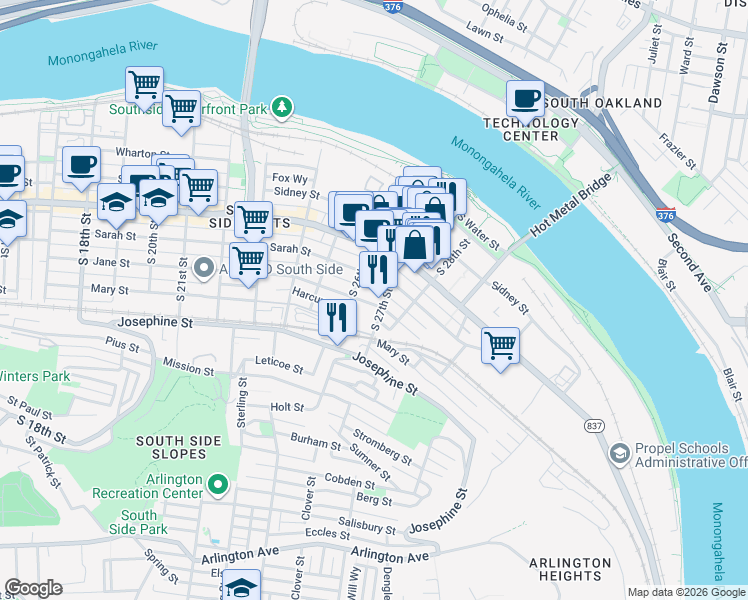 map of restaurants, bars, coffee shops, grocery stores, and more near 63 South 27th Street in Pittsburgh