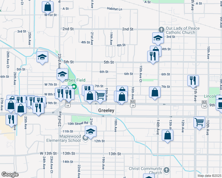 map of restaurants, bars, coffee shops, grocery stores, and more near 1812 West 7th Street in Greeley