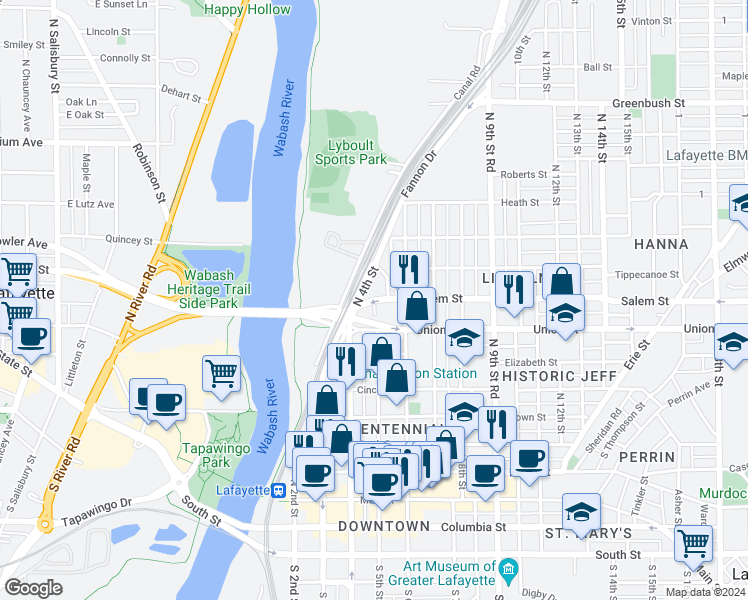 map of restaurants, bars, coffee shops, grocery stores, and more near 500 Salem Street in Lafayette