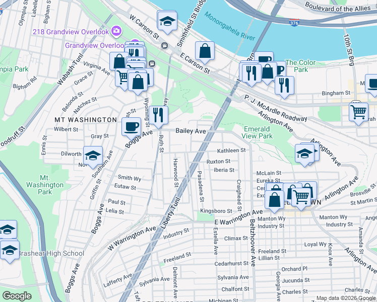 map of restaurants, bars, coffee shops, grocery stores, and more near 207 Ruxton Street in Pittsburgh