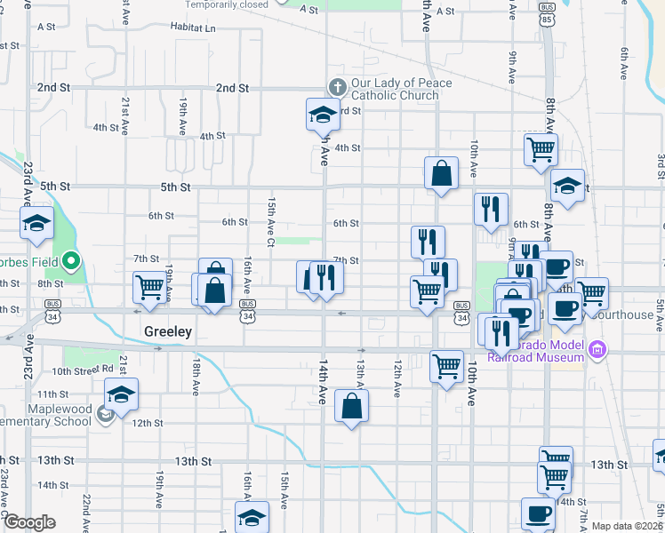 map of restaurants, bars, coffee shops, grocery stores, and more near 716 14th Avenue in Greeley