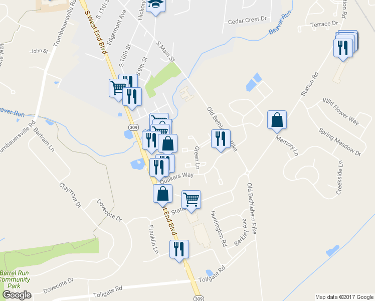 map of restaurants, bars, coffee shops, grocery stores, and more near 299 Crocus Court in Quakertown
