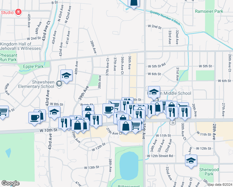 map of restaurants, bars, coffee shops, grocery stores, and more near 724 37th Avenue in Greeley