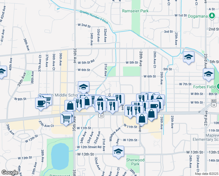 map of restaurants, bars, coffee shops, grocery stores, and more near 3036 West 8th Street Road in Greeley