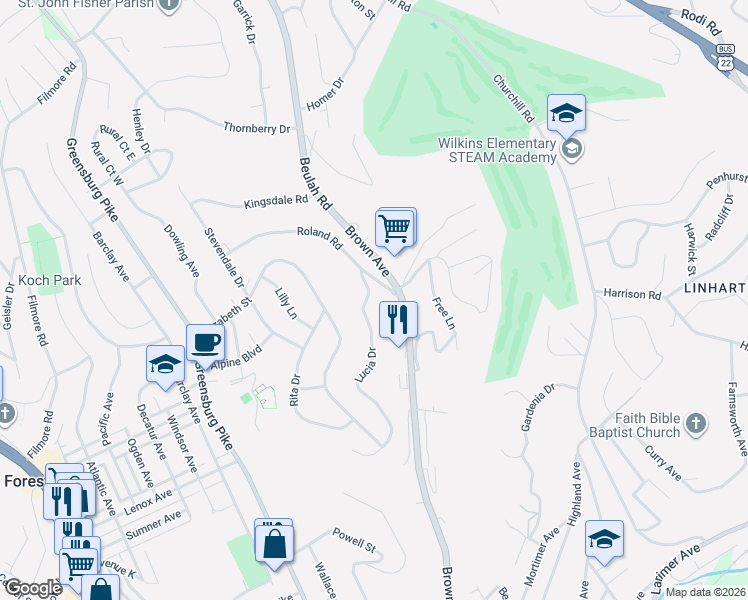 map of restaurants, bars, coffee shops, grocery stores, and more near 562 Lucia Drive in Pittsburgh