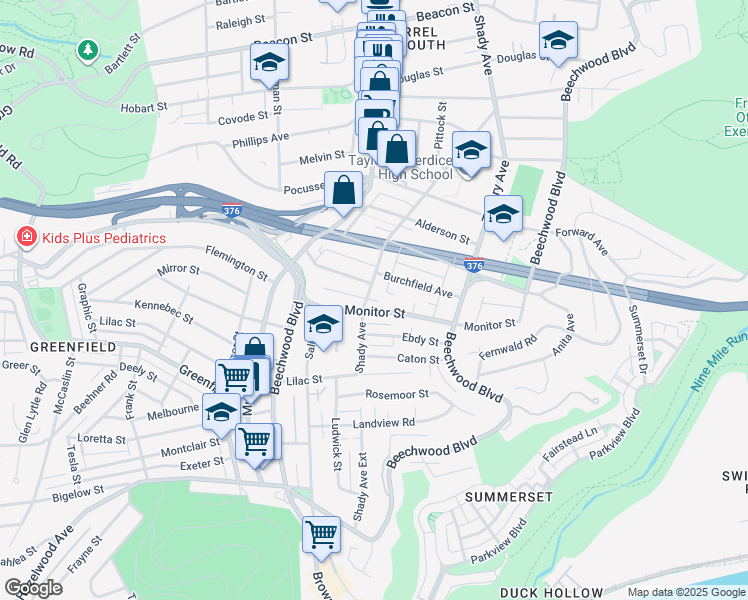 map of restaurants, bars, coffee shops, grocery stores, and more near 6320 Monitor Street in Pittsburgh