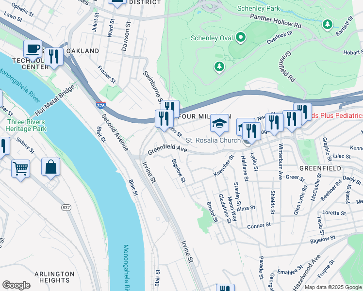 map of restaurants, bars, coffee shops, grocery stores, and more near 2 Tunstall Street in Pittsburgh